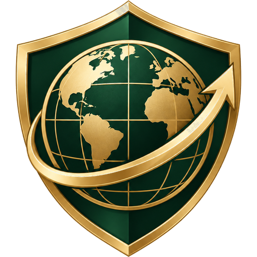 Legal Wealth emblem: a globe on a shield, circled by a rising golden arrow